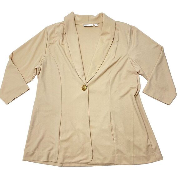 Susan Graver Tailored Stretch Knit Unlined Tan Blazer Pockets Women's Large - Picture 1 of 11